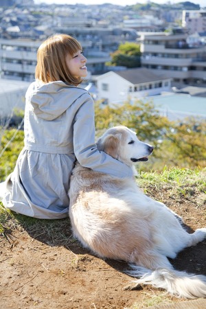 Rear View of Golden Retriever and women for a walkの写真素材