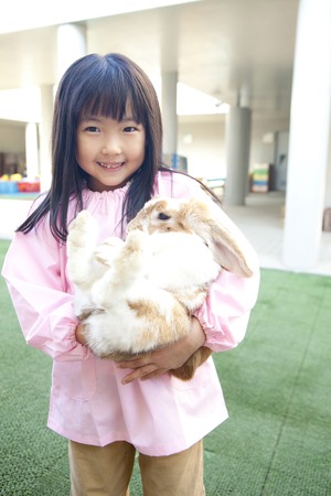 Kindergarten girls to hug a rabbitの写真素材