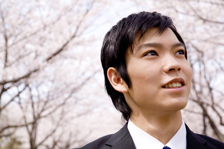 New employees look at cherry blossomsの写真素材