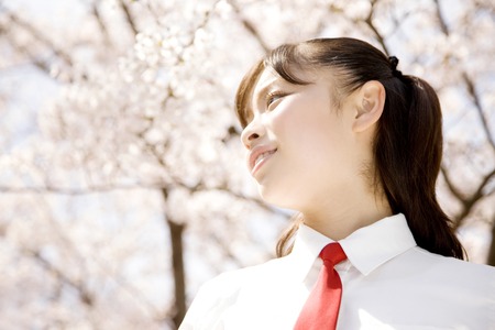 Schoolgirl smiling under the cherry treeの写真素材