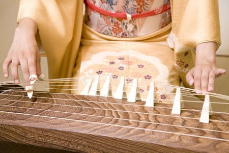 Woman playing the harp in handの写真素材