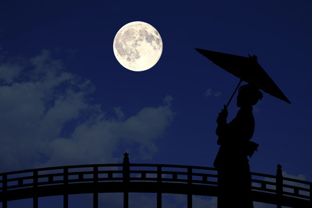 Full moon and kimono womanの写真素材