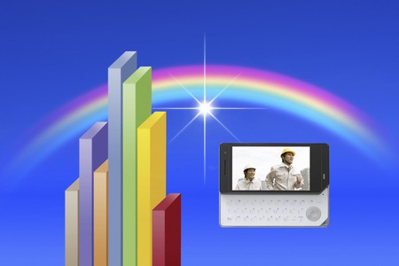 Men and graph of workers moves to mobile screenの写真素材