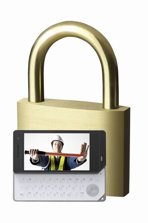 Security guard and key moves to mobile screenの写真素材