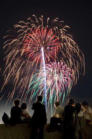 Composite photograph of fireworks and spectators