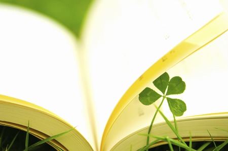 Book and four-leaf clover on the lawn