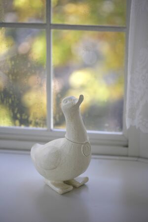 Autumn white windowsill and wooden duckの写真素材