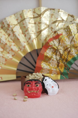 Setsubun demon and otafuku and fanの写真素材