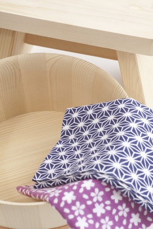 Bathroom chairs made of natural wood and bath pail and Japan Washclothsの写真素材