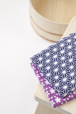 Bathroom chairs made of natural wood and bath pail and Japan Washclothsの写真素材