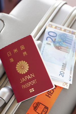 Passport and trunks and euro banknotesの写真素材
