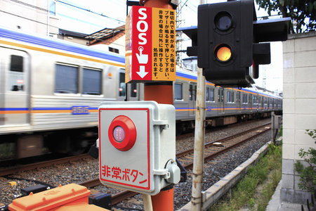 Emergency button of the railway crossingの写真素材