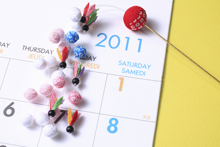 Calendar and new year's decorationsの写真素材