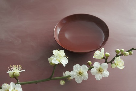 Plum flower and glassの写真素材