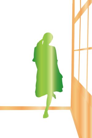 Silhouette of a woman standing at a windowの写真素材