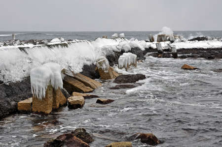 Pier After crowded with severe winter of Matsumae-once Kitamae shipの写真素材