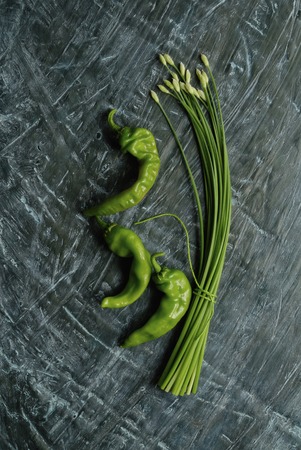Green back of flower leek and green pepperの写真素材