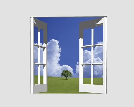 From the window of one of the prairie trees and thunderheadの写真素材