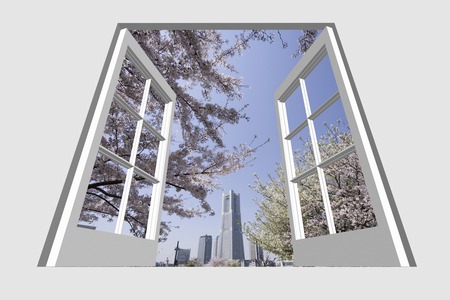 Sakura from the window of the Minato Miraiの写真素材
