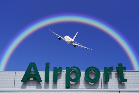 Planes and rainbow and the airportの写真素材