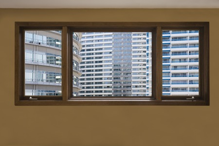 Group of buildings from the windowの写真素材