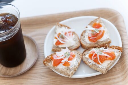 Open sandwiches of smoked salmonの写真素材