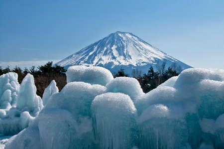 Icicle and Mt. Fuji from saiko wild bird's forest parkの写真素材