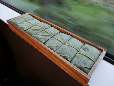 Train car window and persimmon leaf of sushiの写真素材