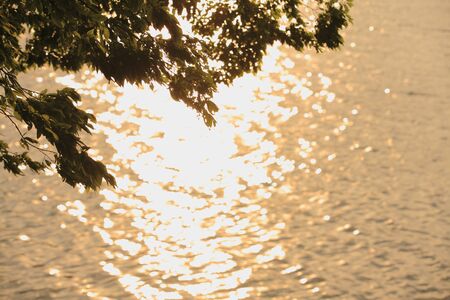 The reflection of the setting sun of the TAMA river waterの写真素材