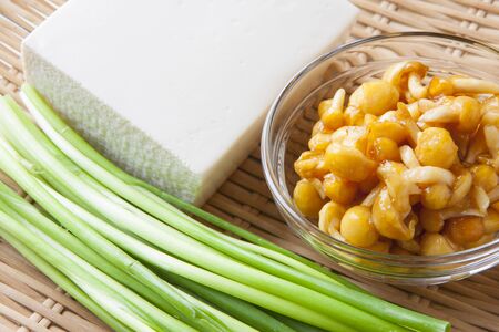 The ingredients of the mushroom miso soupの写真素材