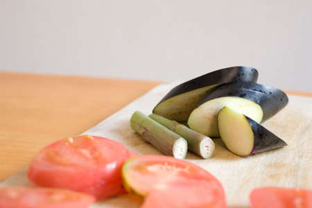 Eggplant and tomatoes and asparagusの写真素材