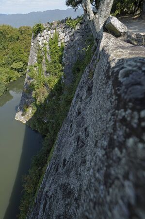 Japan high stone wall that remains in Ueno Castle Ruins of Todo Takatoraの写真素材