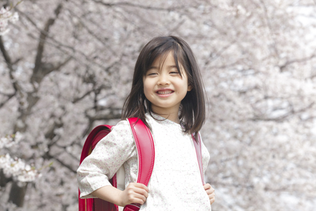 Smiling under the cherry blossom girlの写真素材