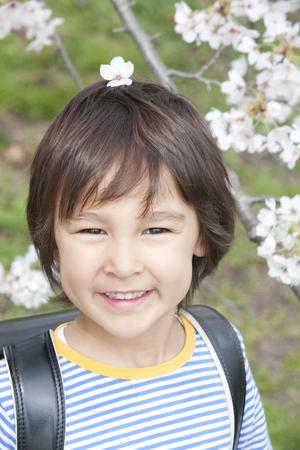 Smiling under the cherry boysの写真素材