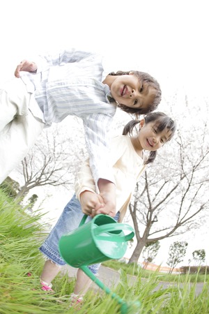 Children to increase the water to grassの写真素材