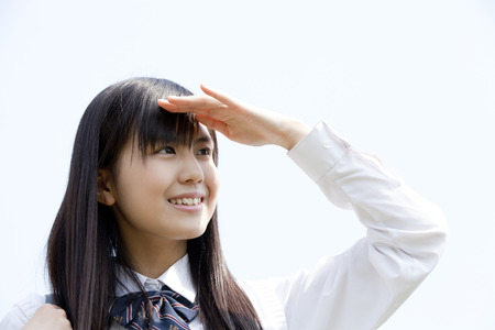 High school girls to smile your handの写真素材