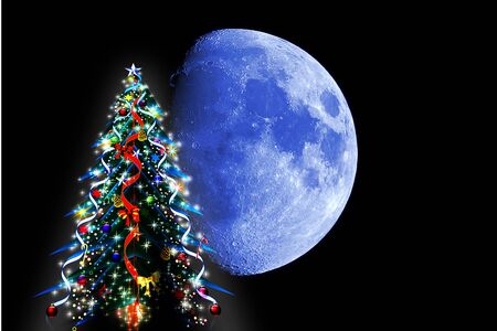 Christmas tree and the moonの写真素材