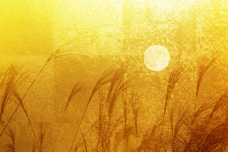 Gold folding screen and pampas grass and the full moonの写真素材