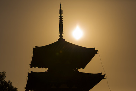 Triple tower of hokki-ji and the setting sunのeditorial素材