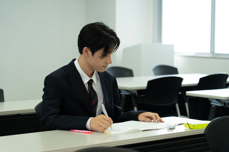 Asian teenage boy in high school uniform studying in classの写真素材