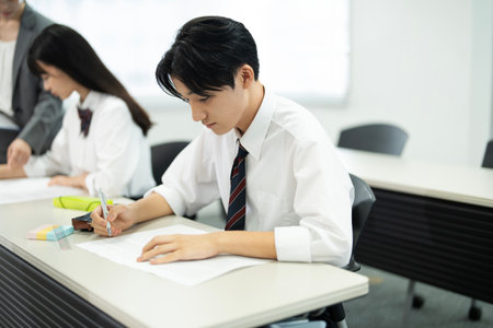 Asian teenagers in high school uniforms doing test in classの写真素材