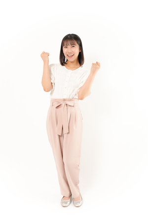 Japanese woman with cheering gestureの写真素材
