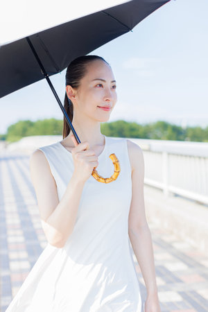 Young Asian woman walking with an umbrellaの写真素材