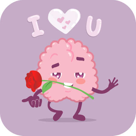 brain cartoon character with love heart and rose vector art illustration image designの写真素材