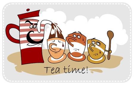 Funny cartoon teapot and tea cupsのイラスト素材