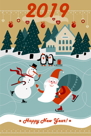 Merry Christmas greeting card with snowman and skater santa clausのイラスト素材