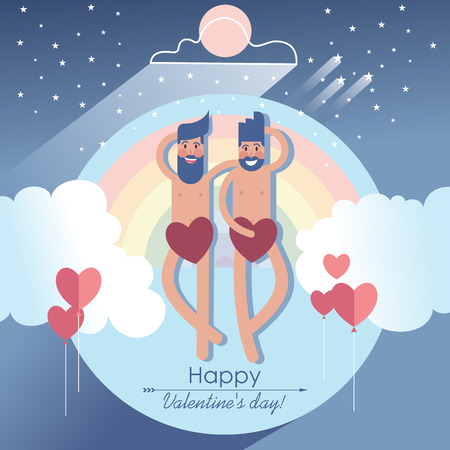 Cute gay couple naked bearded men covered up with only valentines soar against the backdrop of a rainbow and a starry skyのイラスト素材