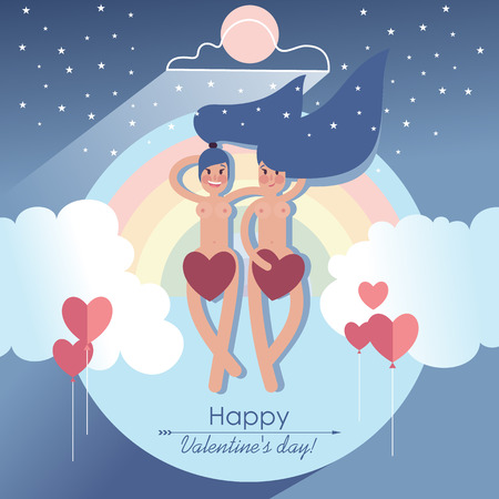 Cute Lesbian couple naked girls covered up with only valentines soar against the backdrop of a rainbow and a starry sky.のイラスト素材