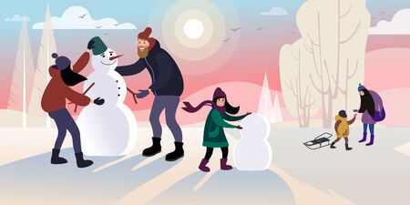 Children with dad make a snowman in a winter city park. Flat vector illustration.のイラスト素材