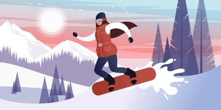 Happy young girl snowboarding on a frosty day in the winter wooded snowy mountains. Flat vector illustration.のイラスト素材